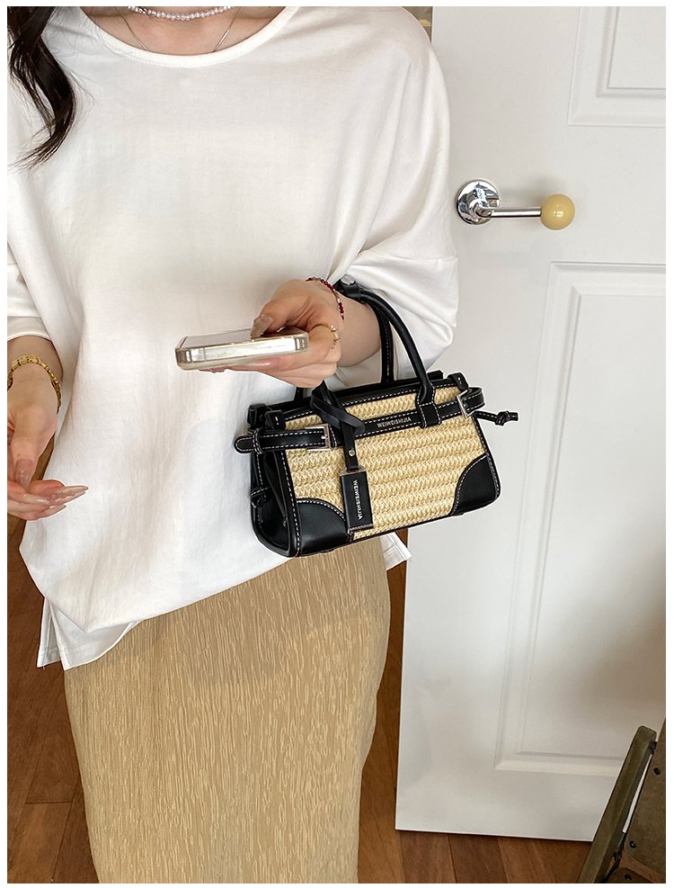 Women's PU Leather Contrast Trim Basket Handbag detail 15