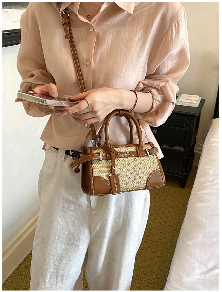 Women's PU Leather Contrast Trim Basket Handbag detail 17