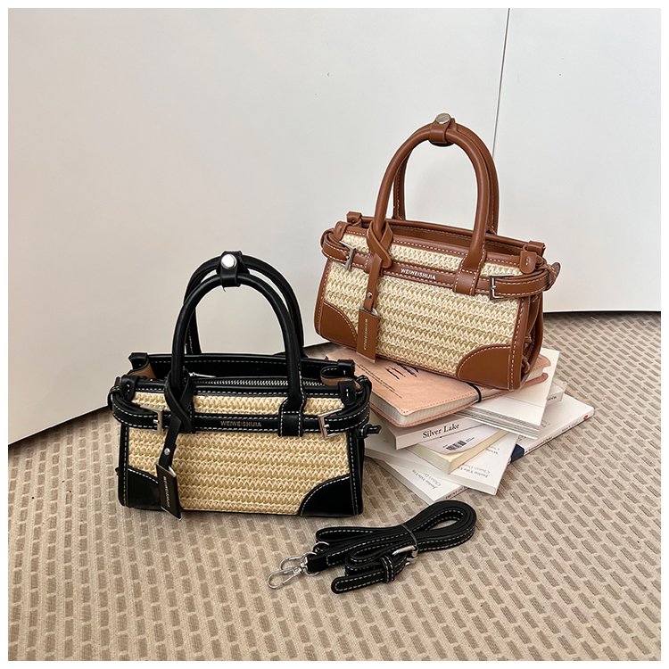 Women's PU Leather Contrast Trim Basket Handbag detail 1