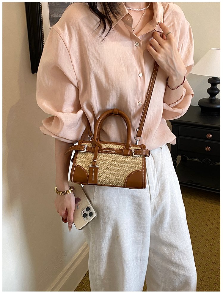 Women's PU Leather Contrast Trim Basket Handbag detail 20