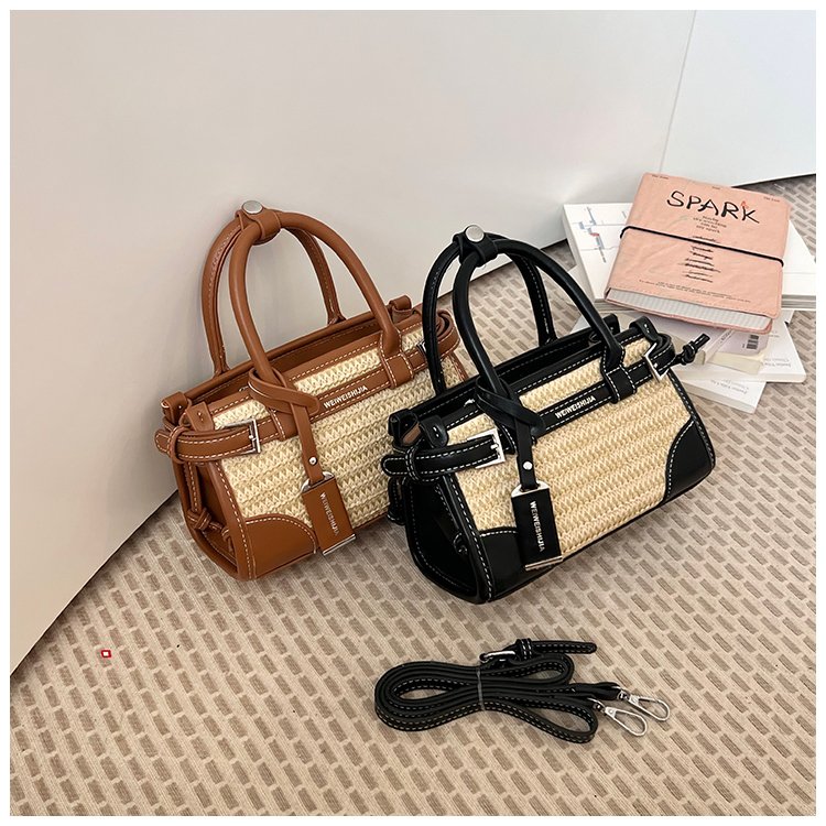 Women's PU Leather Contrast Trim Basket Handbag detail 2
