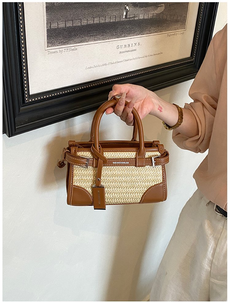 Women's PU Leather Contrast Trim Basket Handbag detail 30