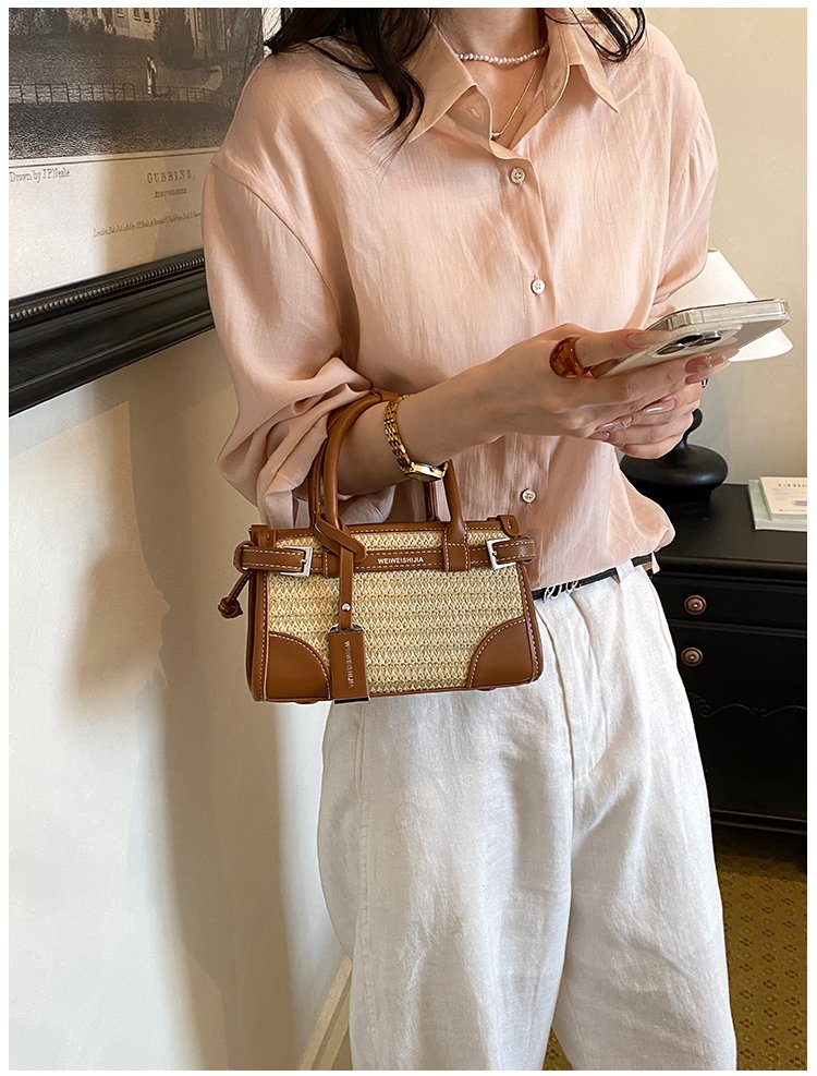 Women's PU Leather Contrast Trim Basket Handbag detail 33