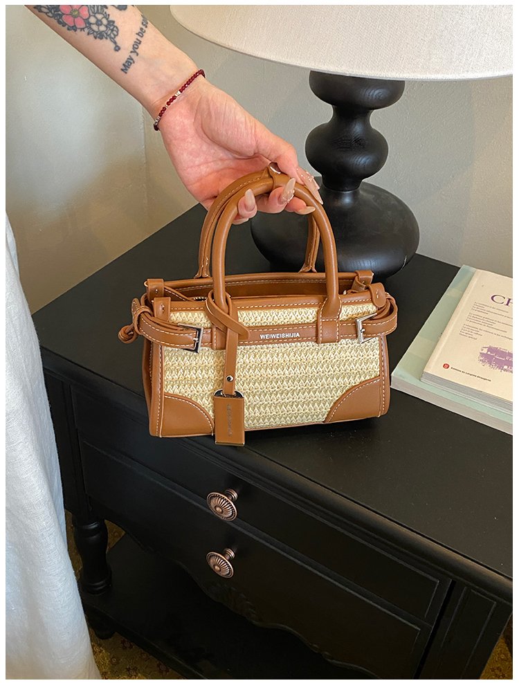 Women's PU Leather Contrast Trim Basket Handbag detail 34