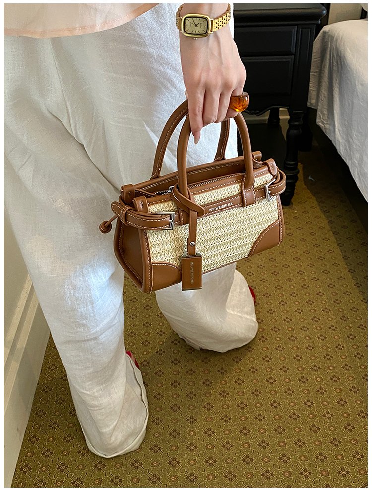 Women's PU Leather Contrast Trim Basket Handbag detail 35