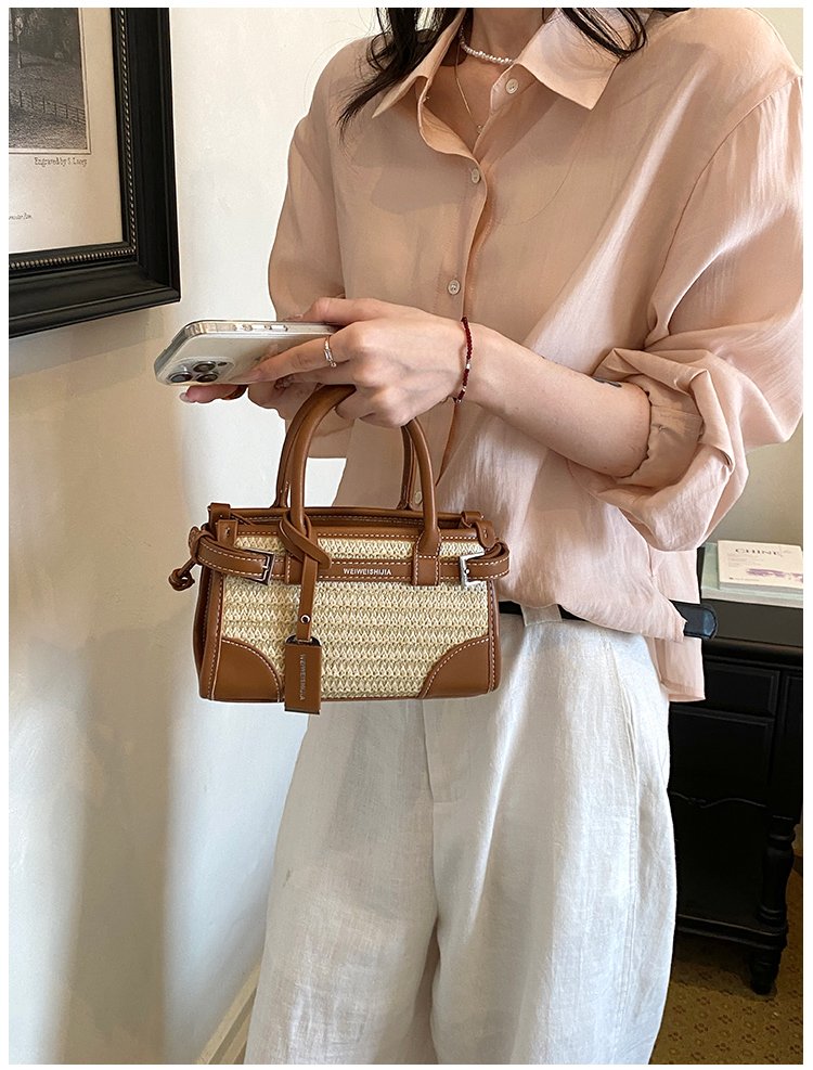 Women's PU Leather Contrast Trim Basket Handbag detail 38