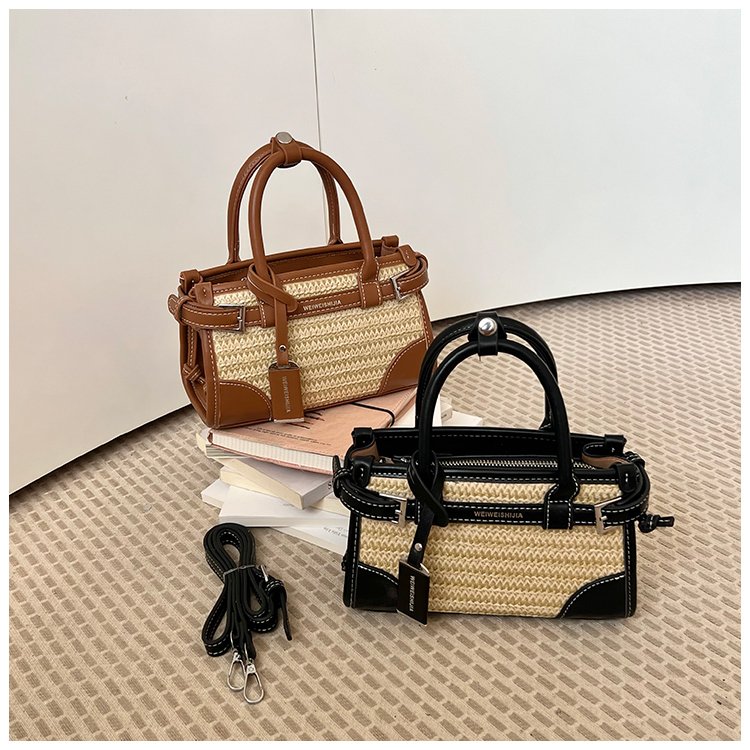 Women's PU Leather Contrast Trim Basket Handbag detail 3