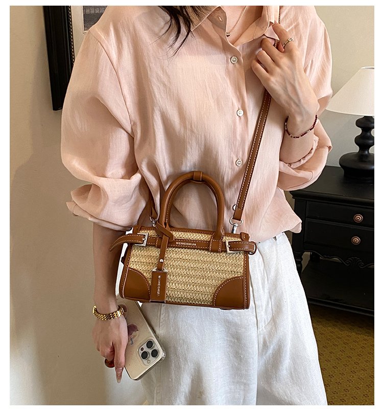 Women's PU Leather Contrast Trim Basket Handbag detail 5