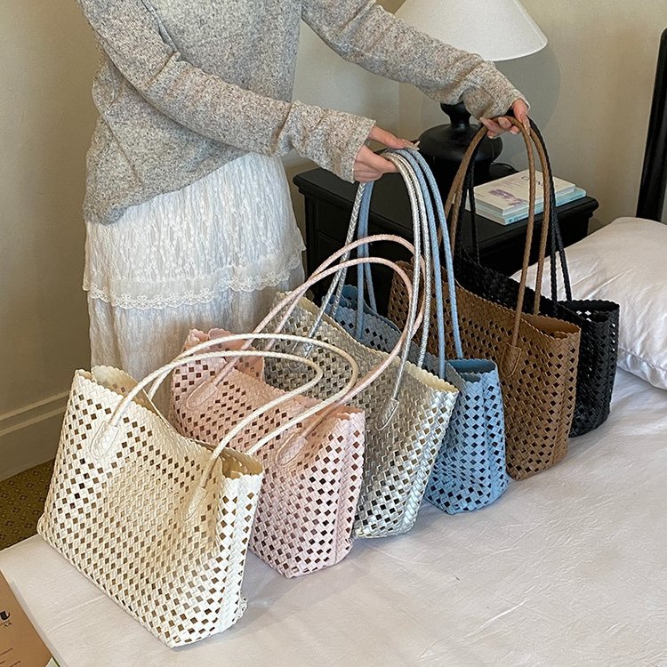 Women's PU Leather Gingham Basket Tote Bag view 2
