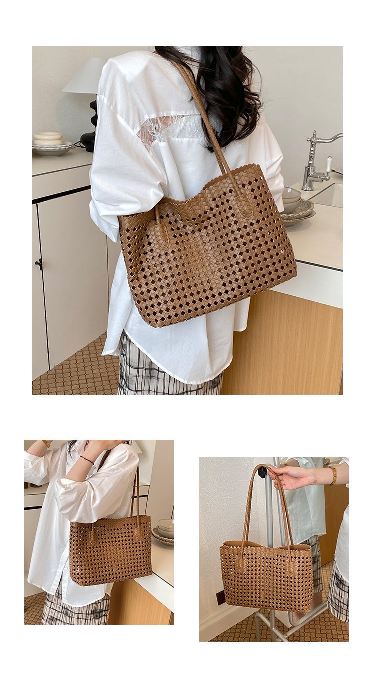 Women's PU Leather Gingham Basket Tote Bag detail 14