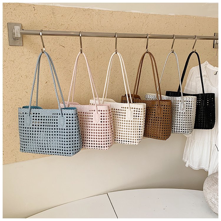 Women's PU Leather Gingham Basket Tote Bag detail 1