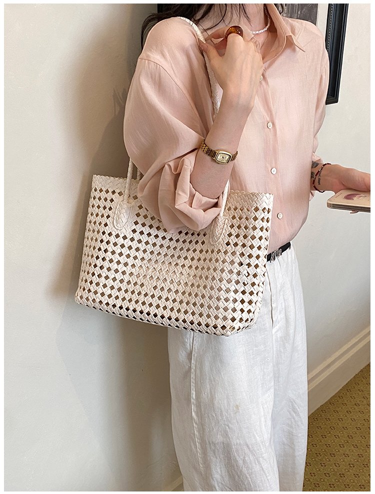 Women's PU Leather Gingham Basket Tote Bag detail 20