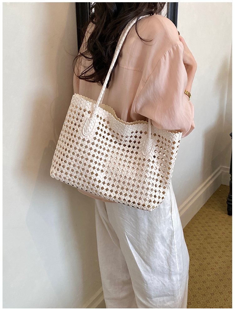 Women's PU Leather Gingham Basket Tote Bag detail 23