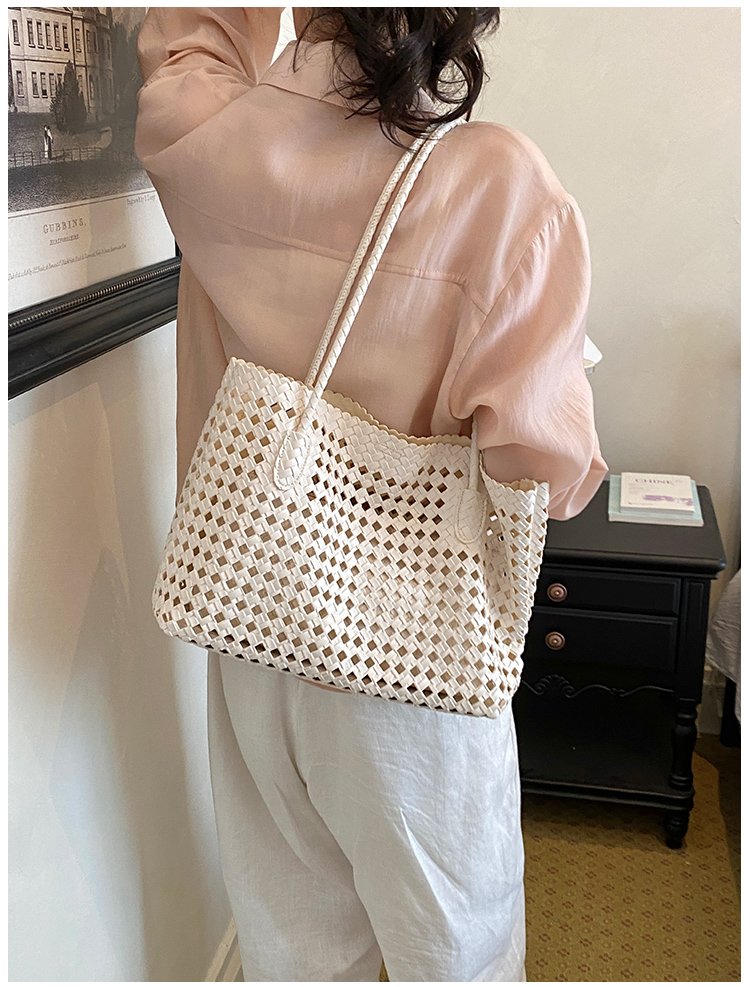 Women's PU Leather Gingham Basket Tote Bag detail 27