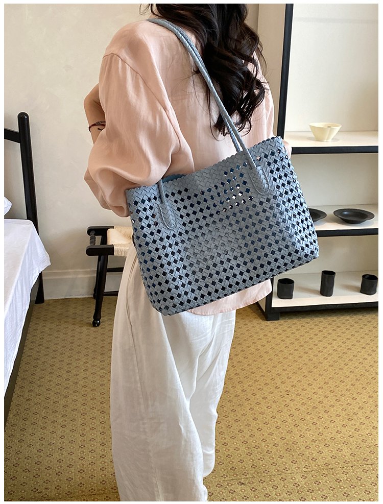 Women's PU Leather Gingham Basket Tote Bag detail 32