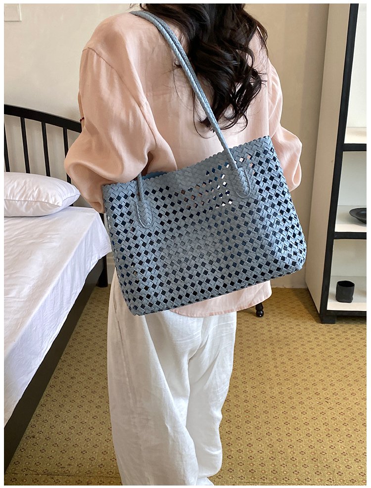 Women's PU Leather Gingham Basket Tote Bag detail 34
