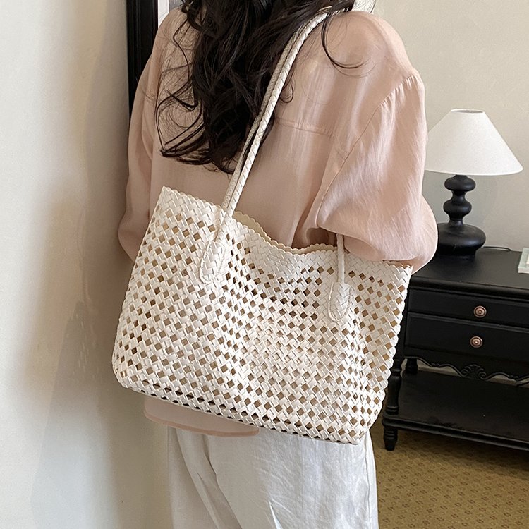 Women's PU Leather Gingham Basket Tote Bag view 3