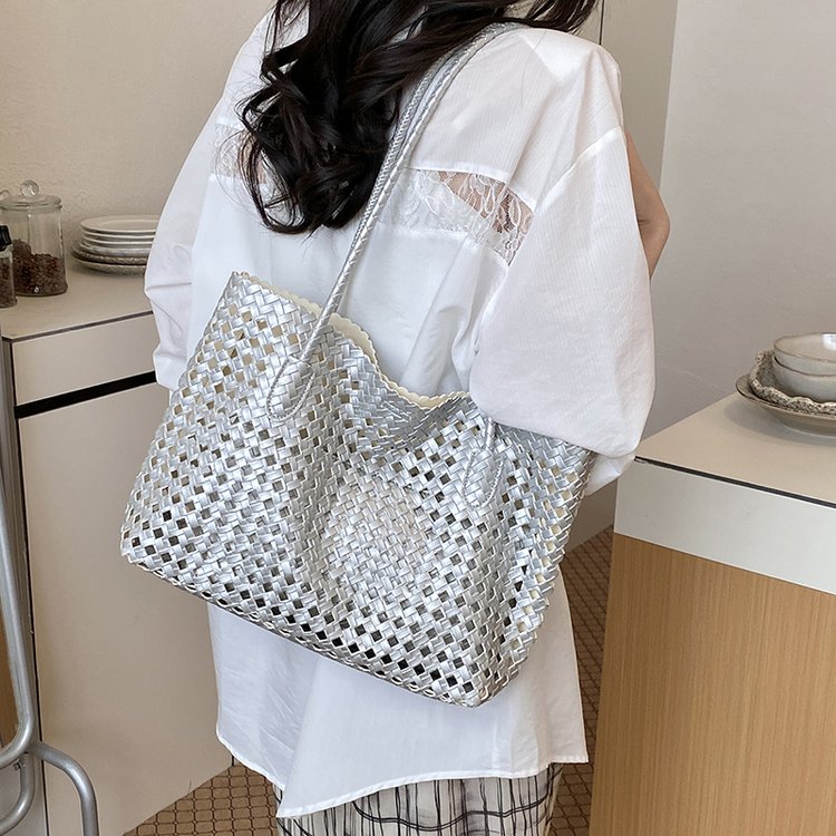 Women's PU Leather Gingham Basket Tote Bag view 4