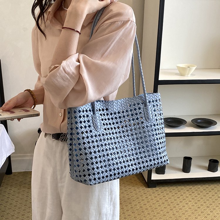 Women's PU Leather Gingham Basket Tote Bag view 6