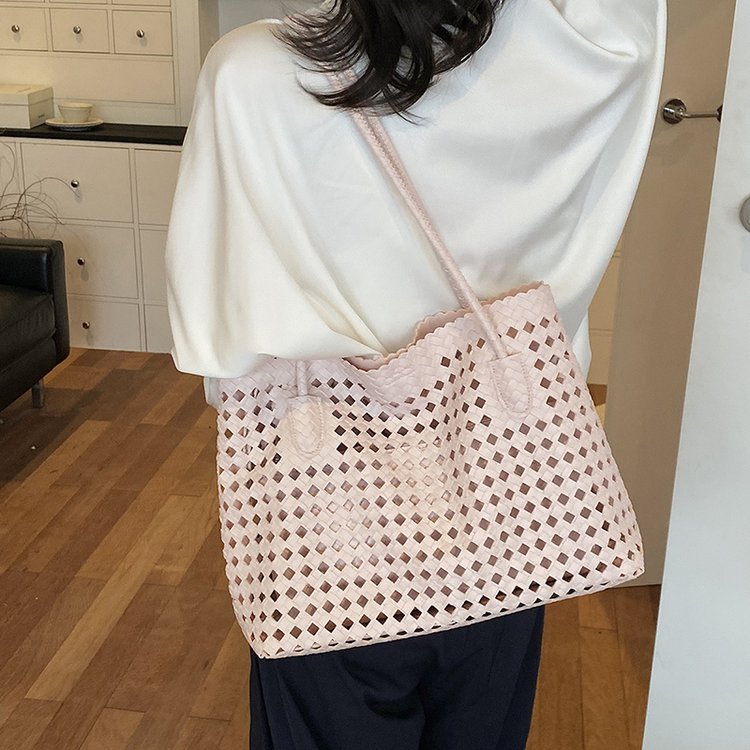 Women's PU Leather Gingham Basket Tote Bag view 7