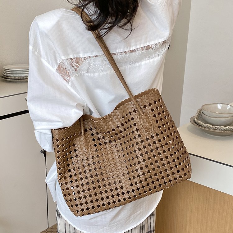Women's PU Leather Gingham Basket Tote Bag view 1