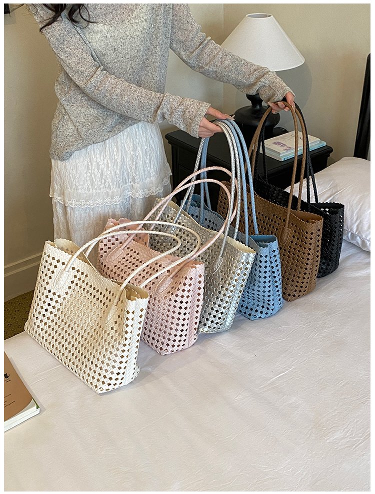 Women's PU Leather Gingham Basket Tote Bag detail 4