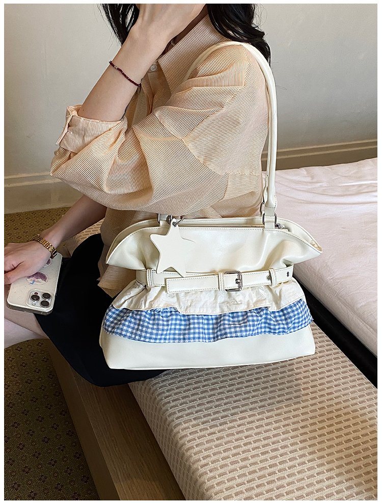 Women's PU Leather Gingham Drawstring Shoulder Bag detail 13