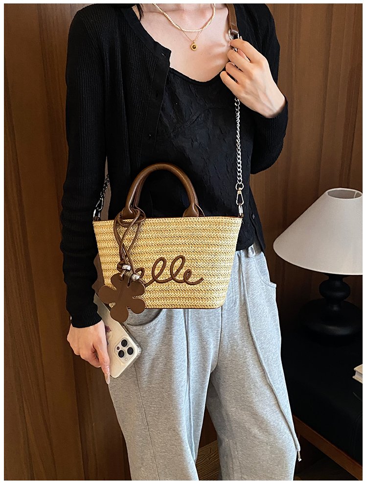 Women's PU Leather Letter Woven Basket Tote Bag detail 31