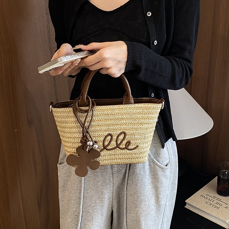 Women's PU Leather Letter Woven Basket Tote Bag view 1