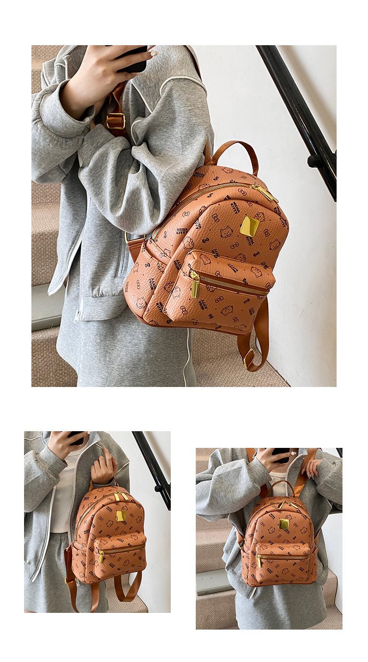 Women's PU Leather Monogram Zip Backpack detail 7