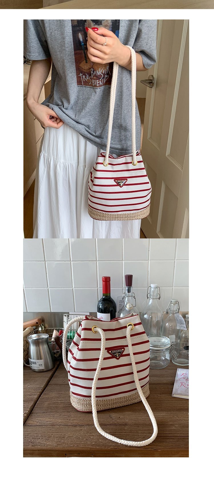 Women's Cloth Striped Drawstring Crossbody Bag detail 28