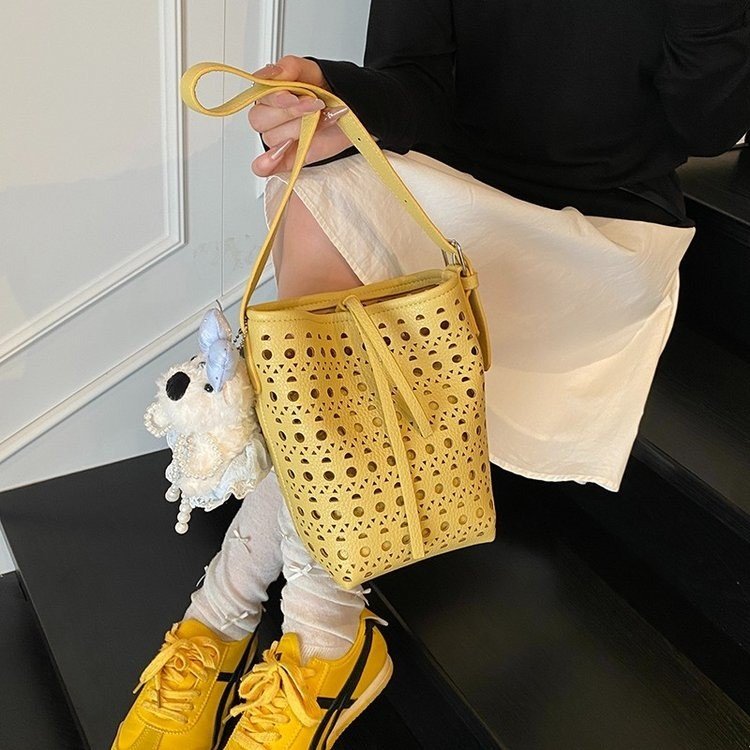 Women's PU Leather Woven Basket Bucket Bag view 2