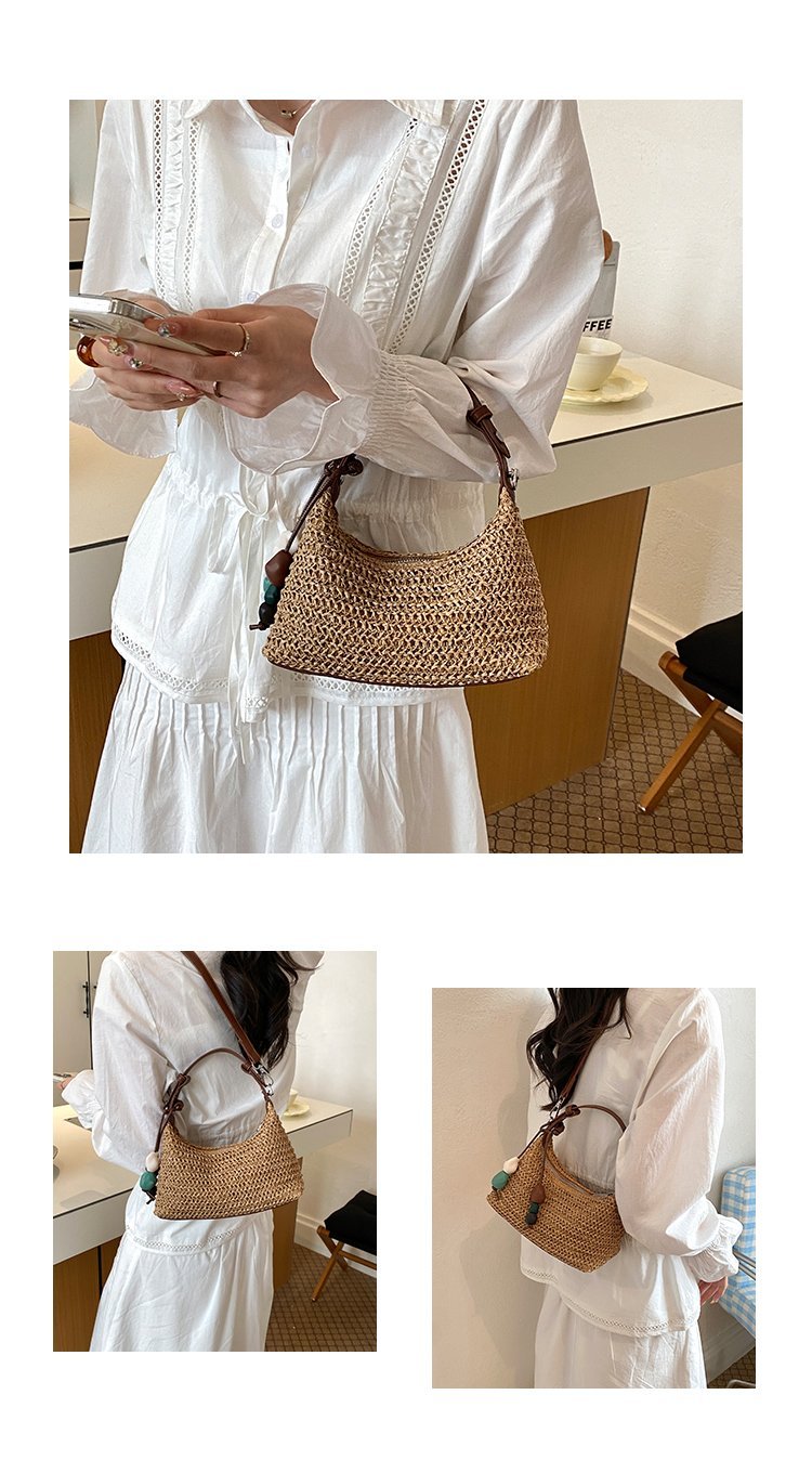 Women's Straw & PU Leather Woven Ring Handle Shoulder Bag detail 10