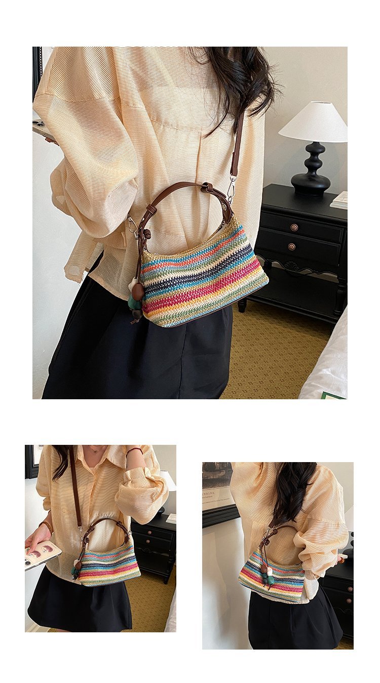 Women's Straw & PU Leather Woven Ring Handle Shoulder Bag detail 11