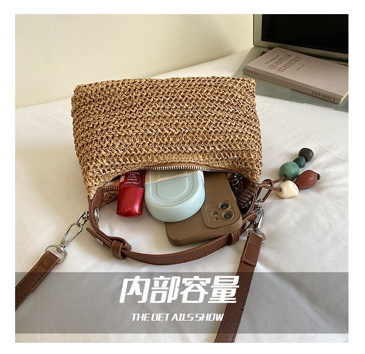 Women's Straw & PU Leather Woven Ring Handle Shoulder Bag detail 12