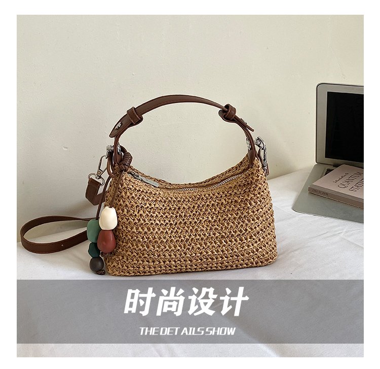 Women's Straw & PU Leather Woven Ring Handle Shoulder Bag detail 13