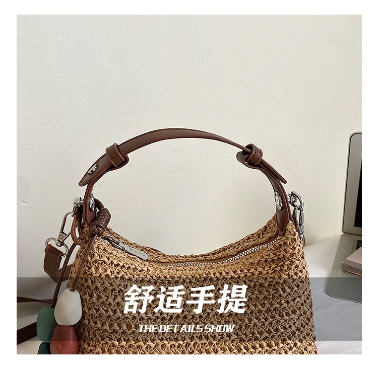 Women's Straw & PU Leather Woven Ring Handle Shoulder Bag detail 14