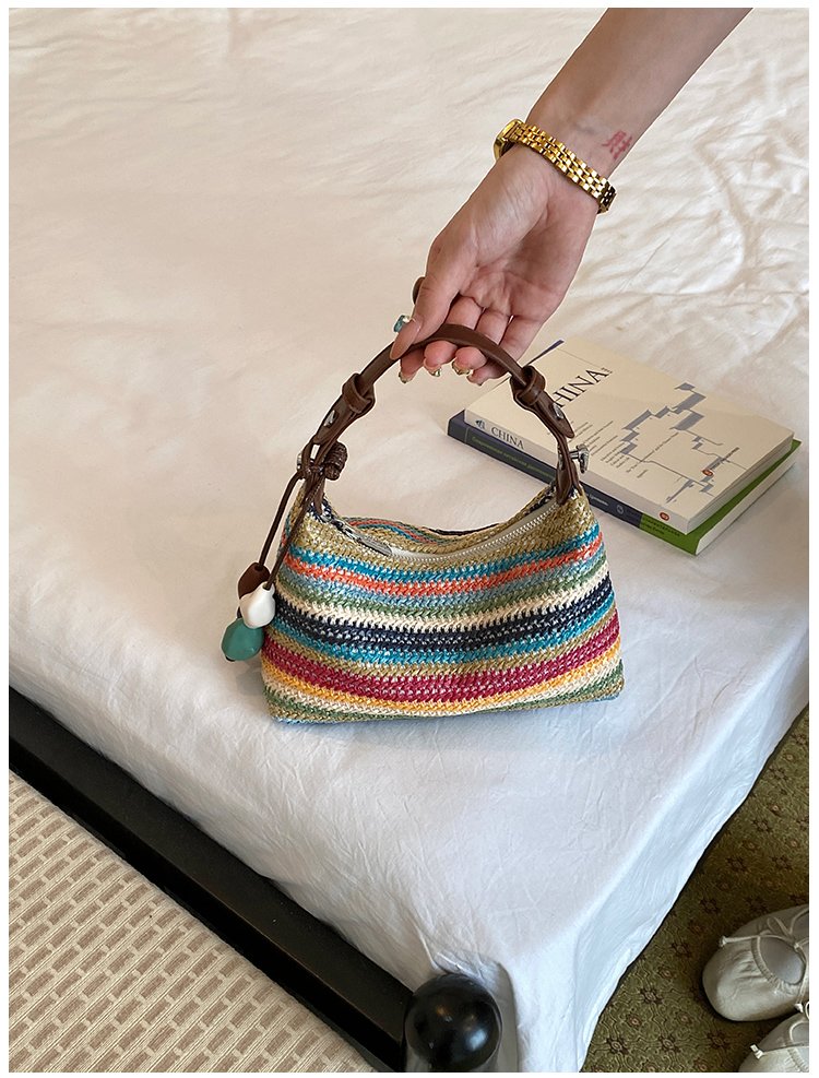 Women's Straw & PU Leather Woven Ring Handle Shoulder Bag detail 17