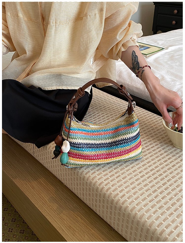 Women's Straw & PU Leather Woven Ring Handle Shoulder Bag detail 18