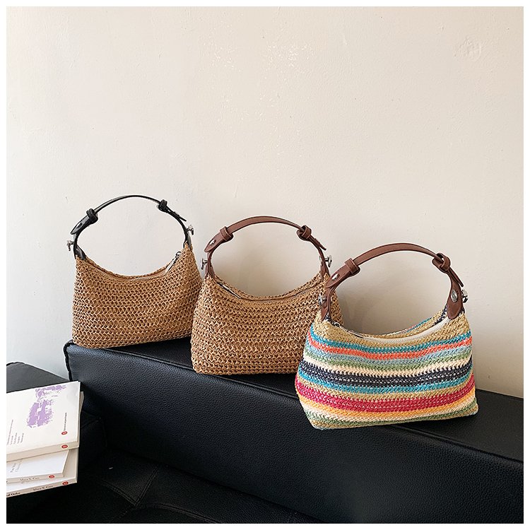 Women's Straw & PU Leather Woven Ring Handle Shoulder Bag detail 1