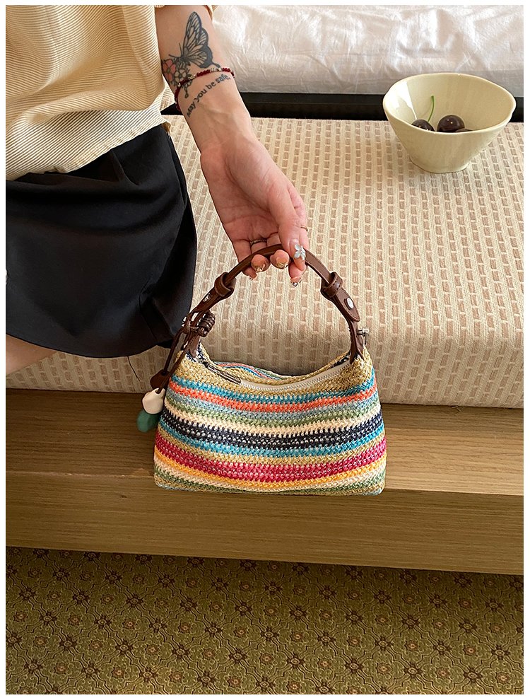 Women's Straw & PU Leather Woven Ring Handle Shoulder Bag detail 20