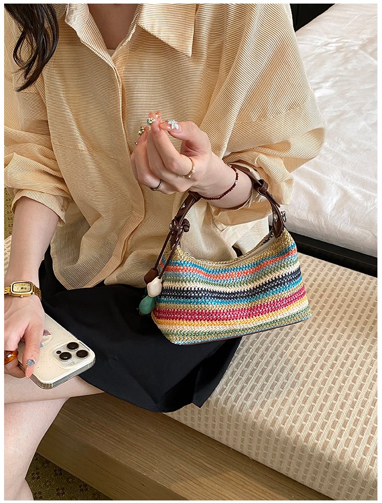 Women's Straw & PU Leather Woven Ring Handle Shoulder Bag detail 21