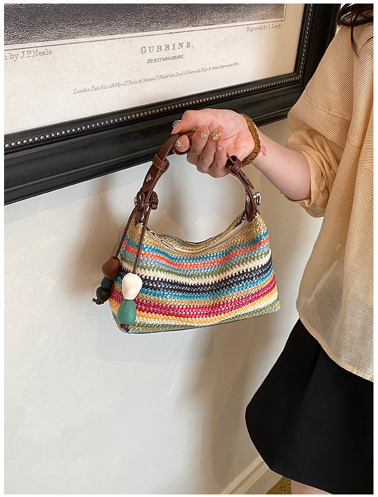 Women's Straw & PU Leather Woven Ring Handle Shoulder Bag detail 22