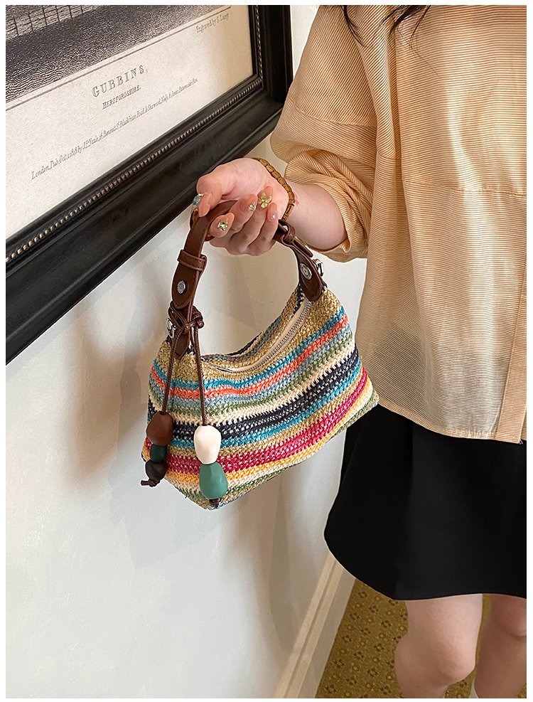 Women's Straw & PU Leather Woven Ring Handle Shoulder Bag detail 23
