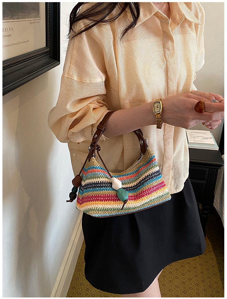 Women's Straw & PU Leather Woven Ring Handle Shoulder Bag detail 24
