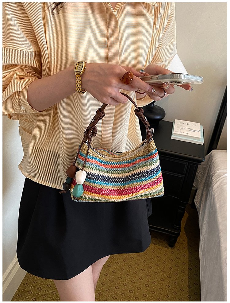 Women's Straw & PU Leather Woven Ring Handle Shoulder Bag detail 26