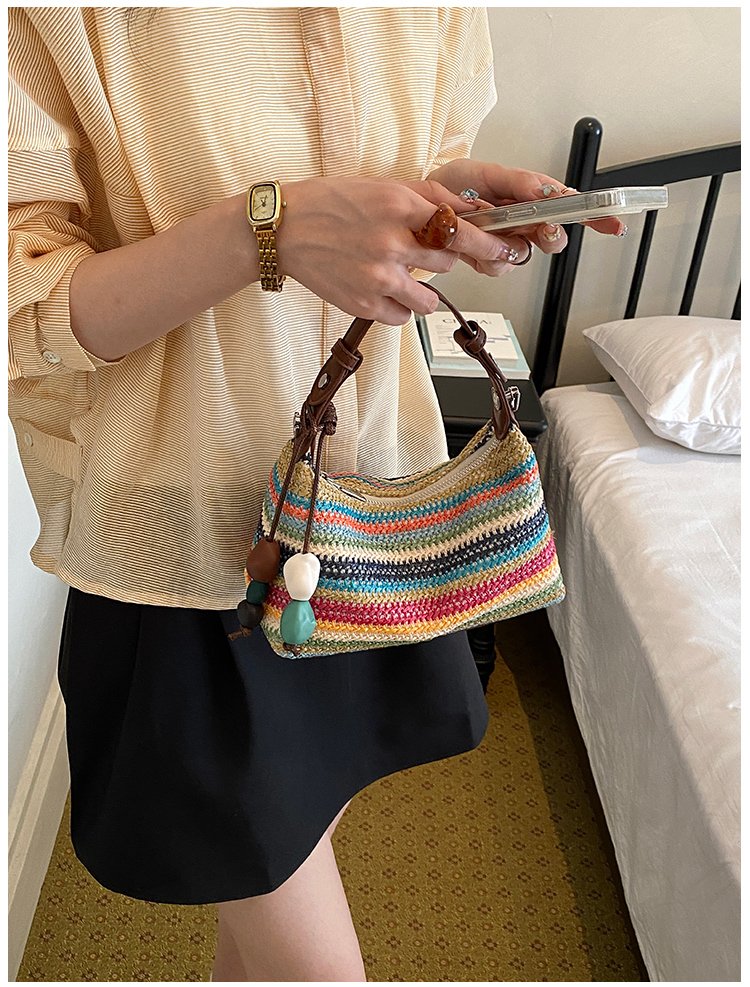 Women's Straw & PU Leather Woven Ring Handle Shoulder Bag detail 27