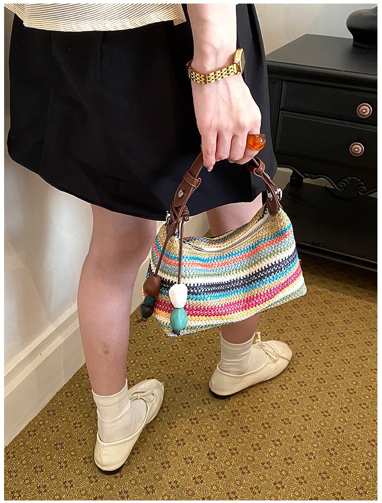 Women's Straw & PU Leather Woven Ring Handle Shoulder Bag detail 28