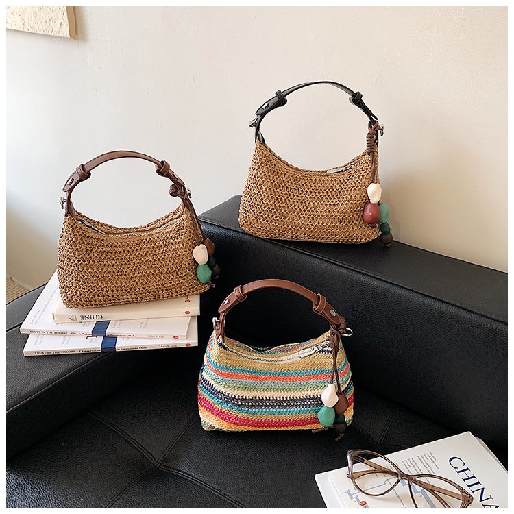 Women's Straw & PU Leather Woven Ring Handle Shoulder Bag detail 2