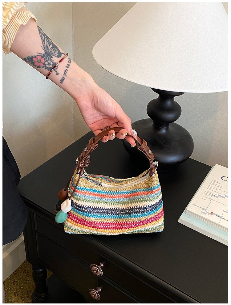Women's Straw & PU Leather Woven Ring Handle Shoulder Bag detail 29